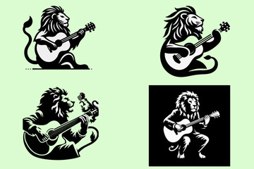 Fototapeta premium Illustration of a lion playing guitar, suitable for guitar company logos, children's toys, book covers, magazines, children's fairy tales, musical instrument shops, guitar strings, guitar picks,