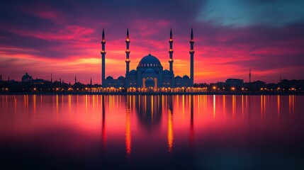 Naklejka premium Mosque Sunset Reflection, Cityscape, Peaceful