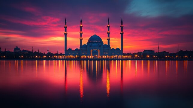 Mosque Sunset Reflection, Cityscape, Peaceful