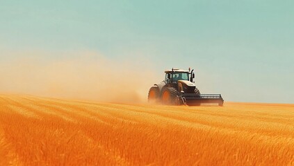 Fototapeta premium Tractor Harvesting Golden Wheat Field Efficiently During Summer