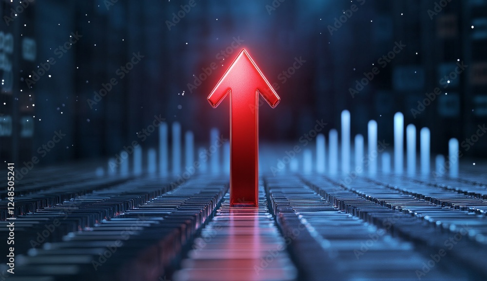 Poster 3d glowing red arrow rising with upward trend graph on dark blue background with floating light part