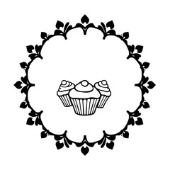 Cupcakes and a floral circle in black and white. Three cupcakes are placed in the middle of the image with a floral border.