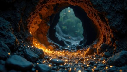 Mysterious cave entrance with golden glitter particles and shadows, sparkles, ancient secrets