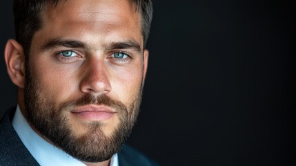 Obraz premium Confident and professional portrait of a handsome well groomed businessman with a beard wearing a suit and tie with a serious and thoughtful expression