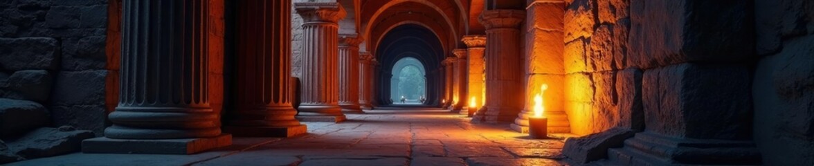 Fototapeta premium Narrow corridor lined with large stone pillars, archway, column, torches