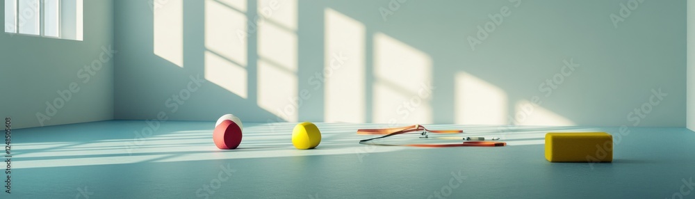 Poster Minimalist Room Scene With Colorful Objects And Sunlight