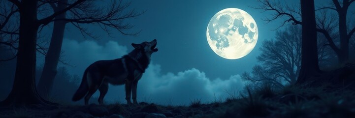Fototapeta premium Wolf's mournful howl echoes under a radiant full moon, surrounded by dark trees, stars, predatory animal, peaceful