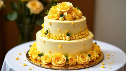 big yellow wedding cream cake on table; cake decorated with sugar hearts, flowers and berries