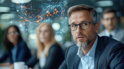Futuristic business strategy session featuring a team of professionals collaborating on data driven strategic decisions and innovative solutions using advanced digital tools and technology