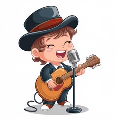 a young person joyfully singing and playing guitar wearing a black suit and top hat. This fun and vibrant illustration is perfect for adding a touch of whimsy and energy to any project