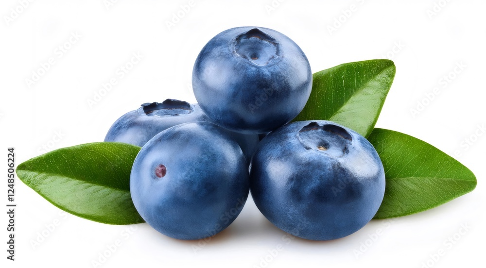 Poster Plump blueberries resting on fresh green leaves