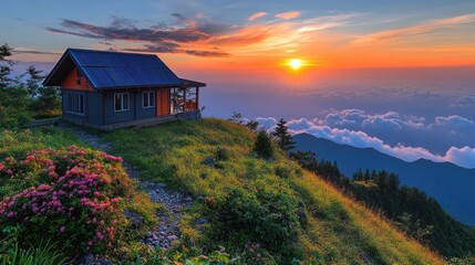 Mountaintop cabin sunset, cloudscape, serenity