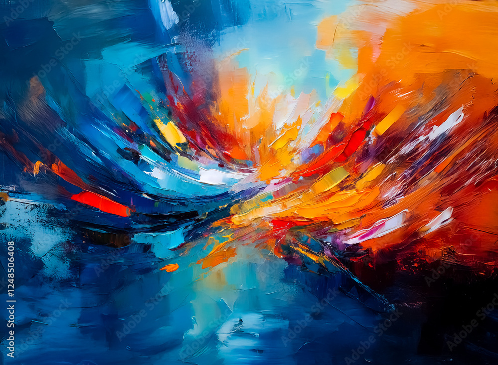 Poster vibrant brushstrokes in a double exposure style create an abstract burst of color. blues and oranges