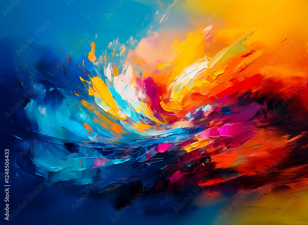 Poster vivid abstract art featuring a double exposure effect with dynamic brushstrokes and a blend of brigh
