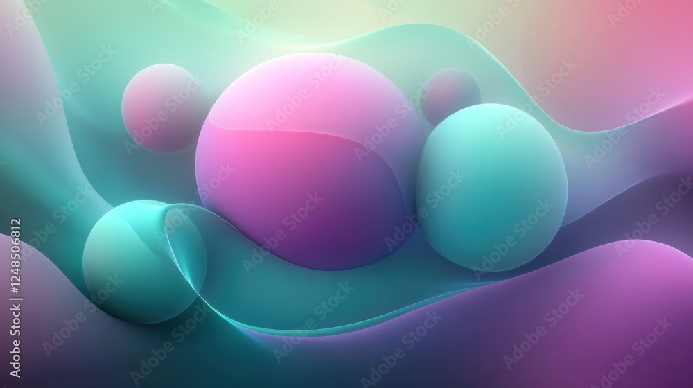 Poster abstract spheres float amidst pastel waves of color
