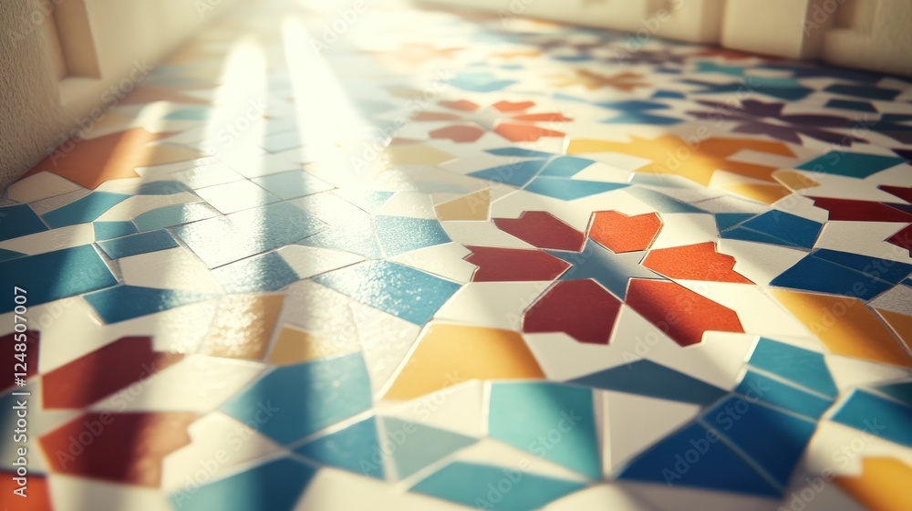 Poster sunlit colorful mosaic tile floor pattern