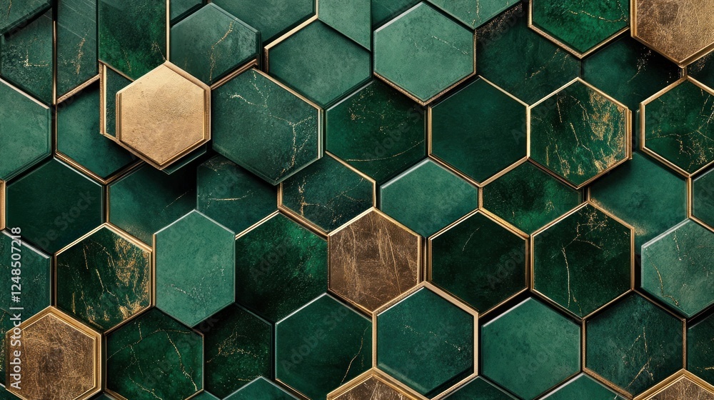 Poster emerald green and gold hexagon tile pattern