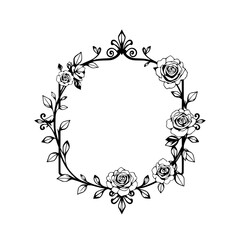 Ornate Black and White Floral Wreath Frame with Roses and Leaves.