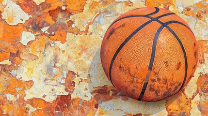 Basketball on weathered wall, outdoor scene, possible use for sports or urban background