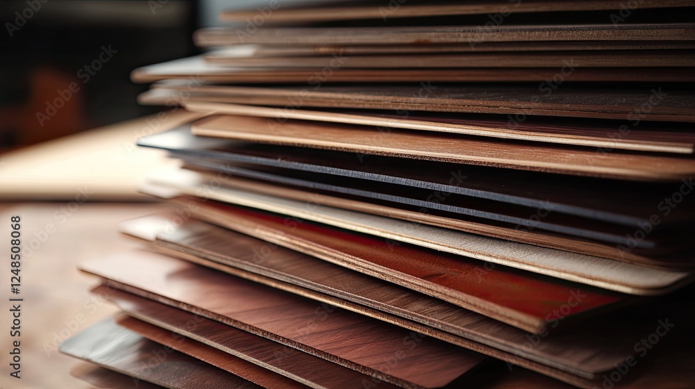 Poster stack of various wood veneer samples showing different colors and grains