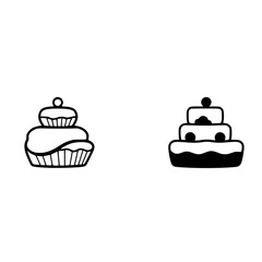 Black and white illustration of a cake on a white background, featuring two cakes, one with a paper corner fold and a stylized line drawing of a cake.