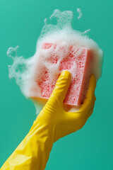 closeup photo of a yellow rubber-gloved hand firmly squeezing a bright pink sponge, covered in thick white soap suds, illuminated by a bright 
