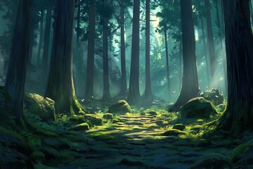 Obraz premium Sunlit path through mossy forest with tall trees and rocks.