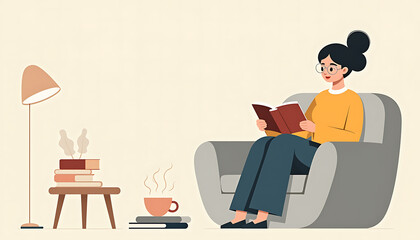 Woman reading a book in cozy living room