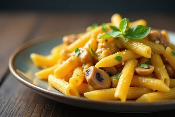 Close-up of cheesy penne pasta with succulent chicken and earthy mushrooms , plate, macro, comfort