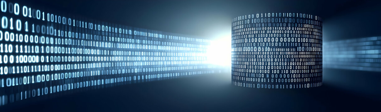 Data stream flowing into a digital cylinder on dark background, data storage concept
