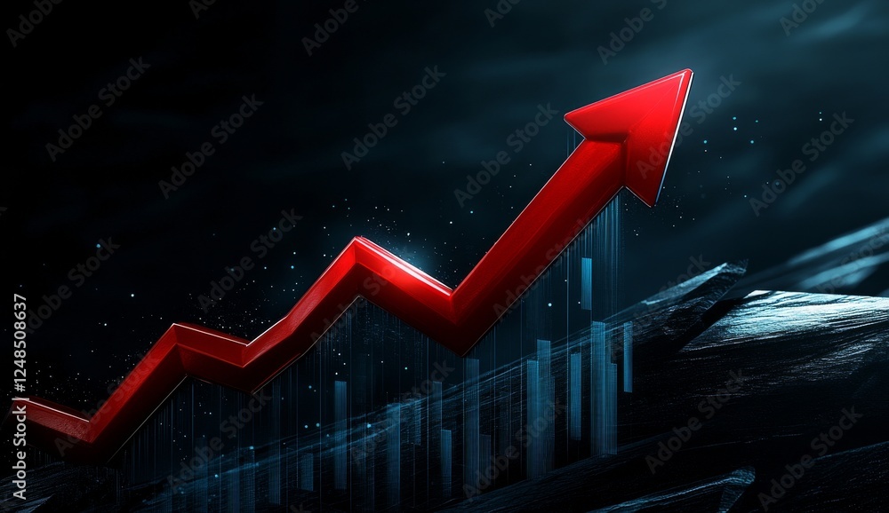 Poster 3d glowing red arrow rising with upward trend graph on dark blue background with floating light part