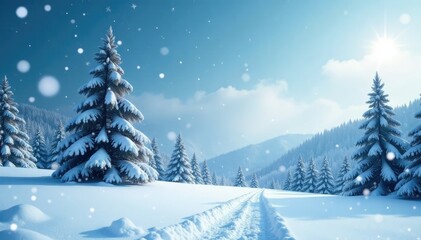 Obraz premium Snowflakes falling on a winter wonderland scene with snow-covered trees in the distance, calm weather, serene landscape