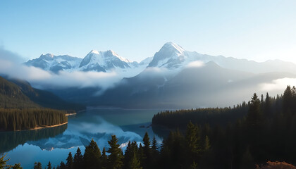 Mountain Lake Reflection with Snow-Capped Peaks and Lush Forests