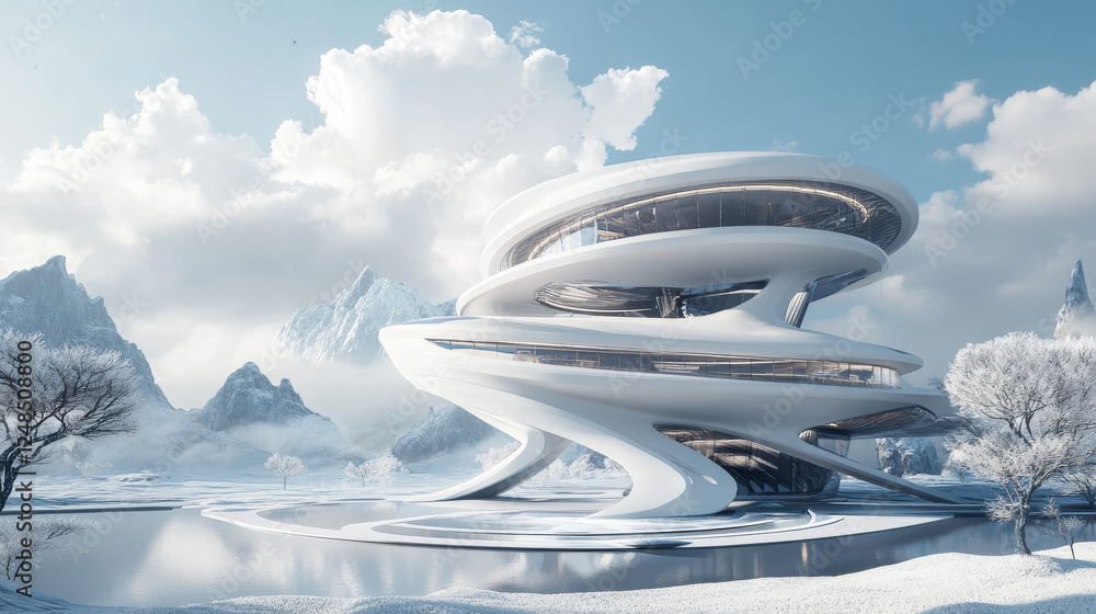 Poster full 360 equirectangular spherical panorama view of dark modern futuristic technology building archi