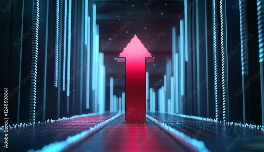 Poster 3d glowing red arrow rising with upward trend graph on dark blue background with floating light part