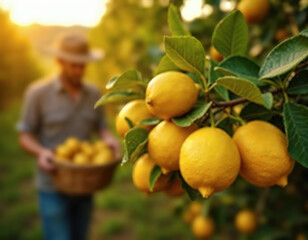 Rama con limones amarillos en primer plano, agricultor desenfocado al fondo con canasta al atardecer.