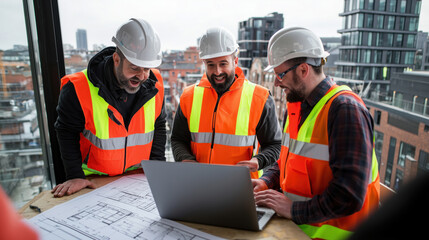 Construction Team Collaborating on Project Plans in Urban Setting with Laptop and Blueprint Documentation