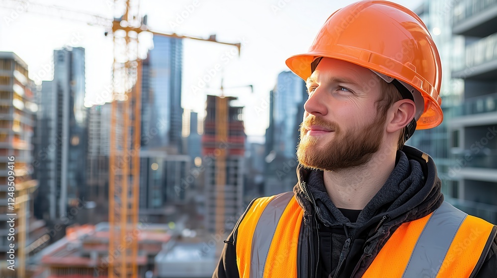 Poster construction worker in safety gear evaluating project progress with urban skyline and crane in the b