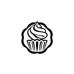 Minimalist Illustration of a Cupcake with Swirling Icing within a Scalloped Frame.