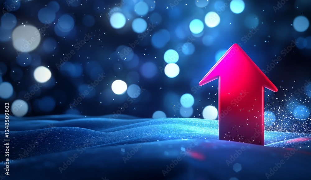Poster 3d glowing red arrow rising with upward trend graph on dark blue background with floating light part