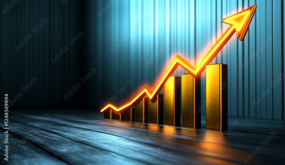 Poster holographic arrow with rising line graph and glowing text