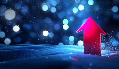 3D Glowing Red Arrow Rising with Upward Trend Graph on Dark Blue Background with Floating Light Particles