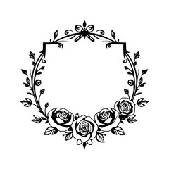 Black and white floral wreath featuring roses and leaves, decorative framed borders.