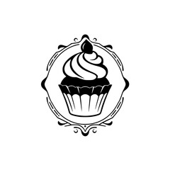 A black and white cupcake logo in a frame.
