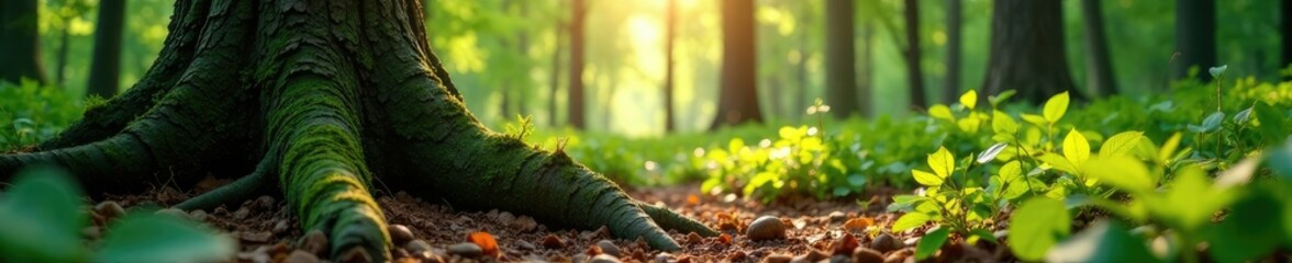 Tree trunk and roots in sunlight filtering through forest canopy, natural, forest, woodland
