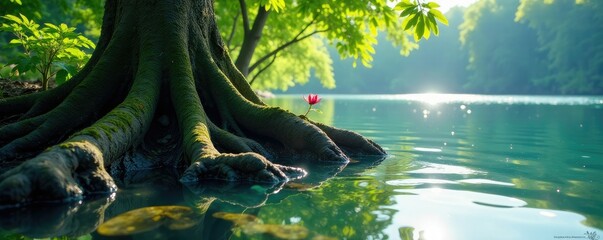 Tree roots emerging from the lake's depths with blooming aquatic plants, lakes, serene,