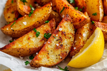closeup photo of crispy golden potato wedges seasoned with paprika, garlic, and black pepper, garnished with freshly chopped parsley and coarse sea salt, served on white parchment paper  