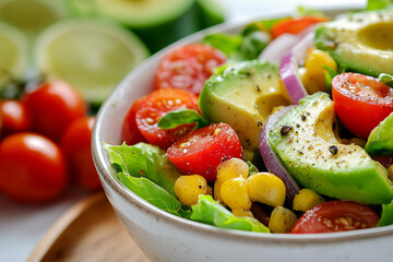 closeup photo of a fresh summer salad in a white ceramic bowl, featuring vibrant chopped romaine lettuce, juicy cherry tomatoes, creamy avocado chunks, sweet corn kernels, and finely diced red onions 