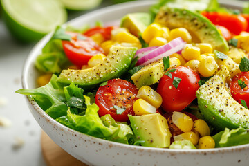 closeup photo of a fresh summer salad in a white ceramic bowl, featuring vibrant chopped romaine lettuce, juicy cherry tomatoes, creamy avocado chunks, sweet corn kernels, and finely diced red onions 