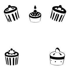Cupcake Assortment: Five Black and White Cupcakes on White Background.